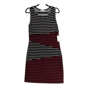 Calvin Klein Sheath Dress 8 Sleeveless Red Black White Stripe Stretch Round Neck